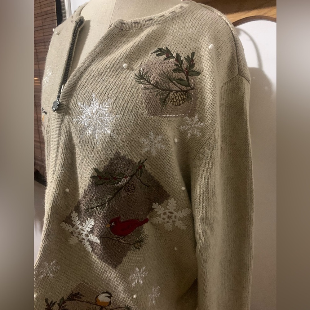 Croft & Barrow Embroidered Cardinal Winter Zip Cardigan Silk Blend Patchwork XL - Picture 10 of 16